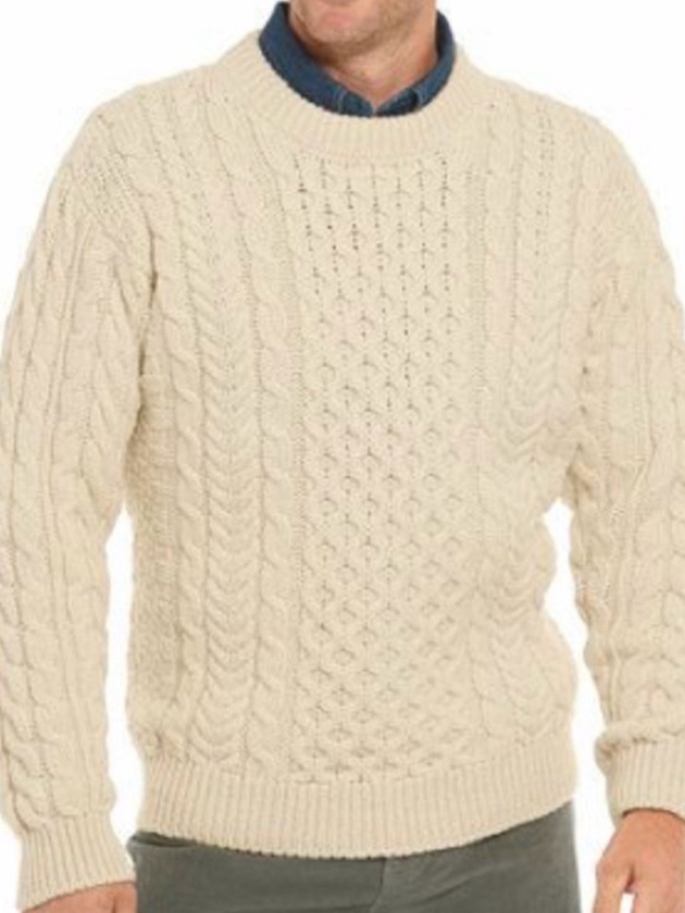 L.L.Bean Wool Fisherman’s Sweater Crewneck Cable Knit Mens Size Medium Cream EUC